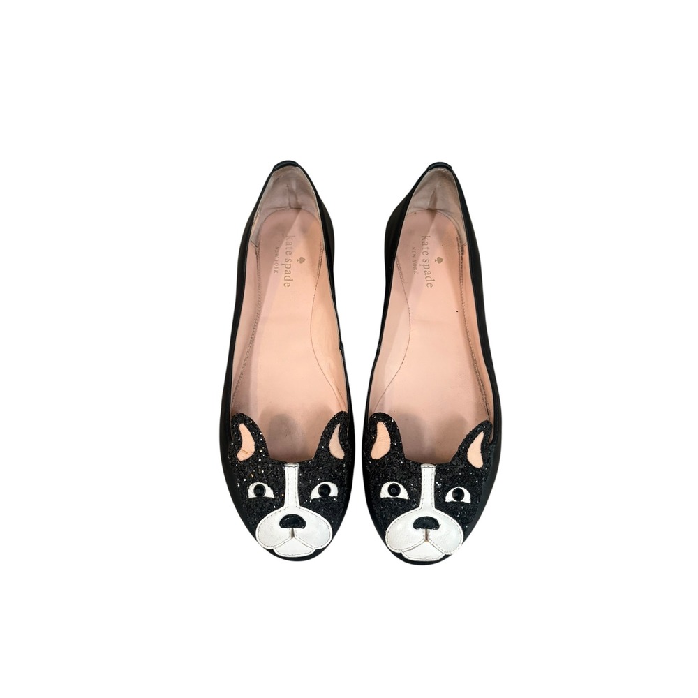RARE Kate Spade Boston Terrier Winthrop Flats 8 Glitter Frenchie Novelty Leather - Picture 2 of 11